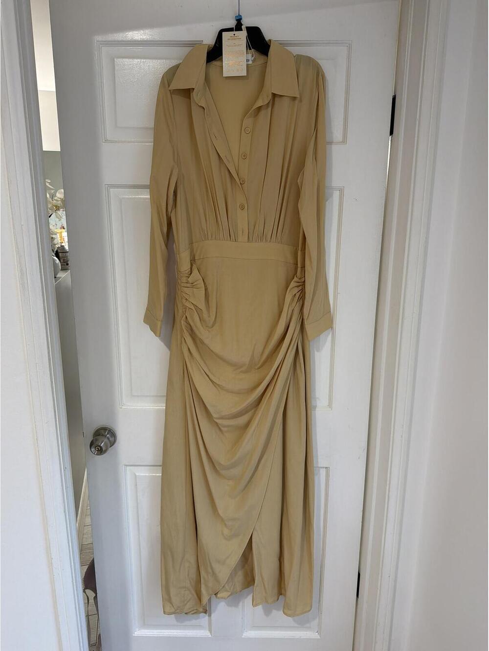 MODESEES Beige Draped Long Sleeve Collared Maxi Dress Size L NWT